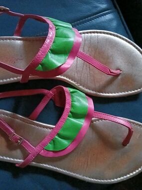 Lilly Pulitzer Pink and Green Ruffle Thong Sandals with leather soles.